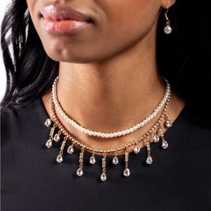 NEW Pearl & Gold Silver Diamond Rhinestone 2 Tier Formal Necklace & Earrings Set